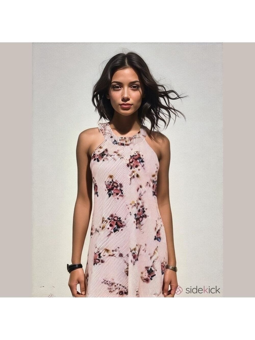 Three Pink Hearts Halter Dress, Size Medium, Fully Lined.Floral And Stripes.GUC